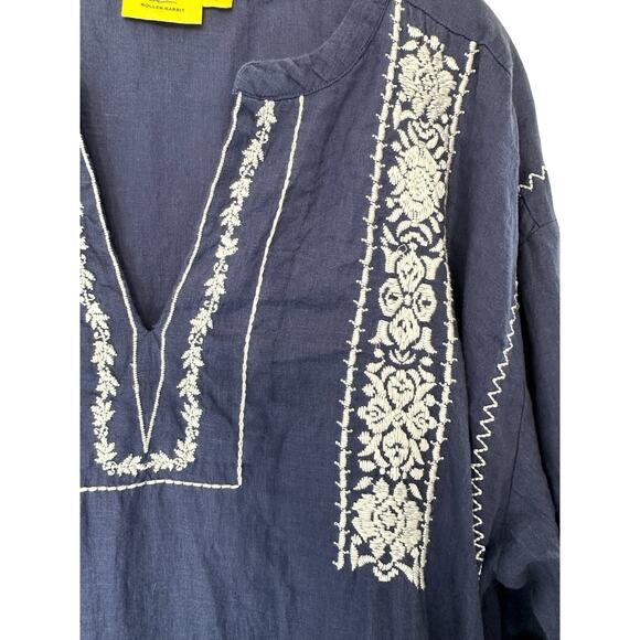 Roller Rabbit Blue White Stitched Lagenlook Boho Relaxed Tunic Dress Size Large - Picture 5 of 13